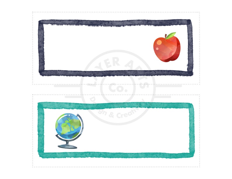 May include: Two blank labels with a dark blue border and a light blue border. The top label has a red apple illustration. The bottom label has a blue globe illustration.