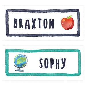 May include: Two watercolor-style name tags with a black and white border. The top tag has a red apple and the name "BRAXTON". The bottom tag has a globe and the name "SOPHY".