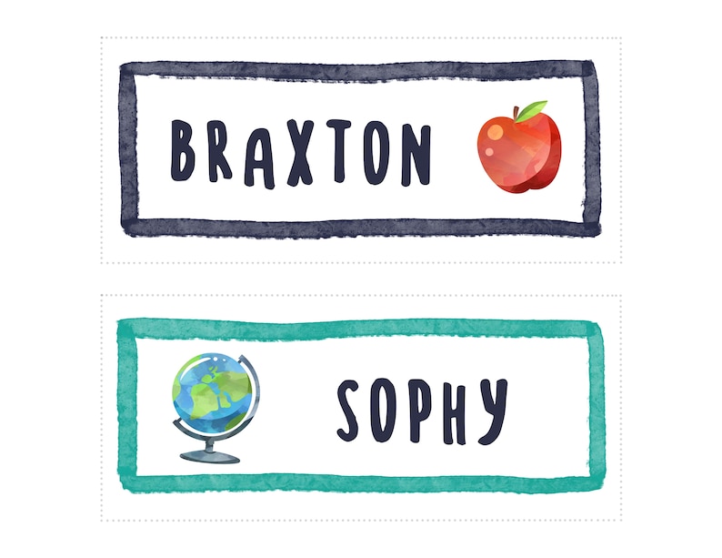 May include: Two watercolor-style name tags with a black and white border. The top tag has a red apple and the name "BRAXTON". The bottom tag has a globe and the name "SOPHY".