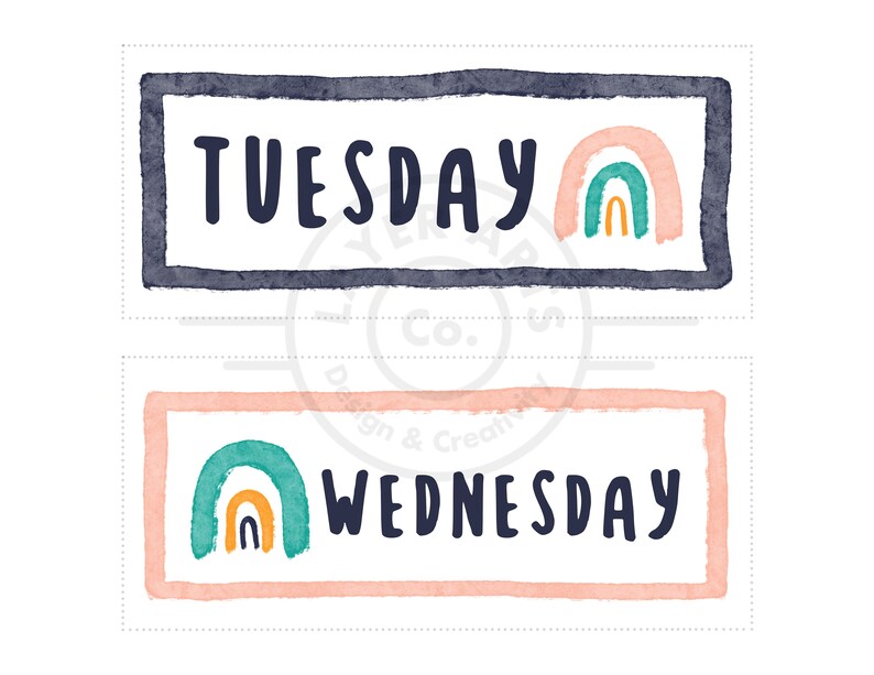 Puede incluir: Dos tarjetas imprimibles con fondos de acuarela. La tarjeta superior es negra con un arco&iacute;ris y el texto "TUESDAY". La tarjeta inferior es rosa con un arco&iacute;ris y el texto "WEDNESDAY".