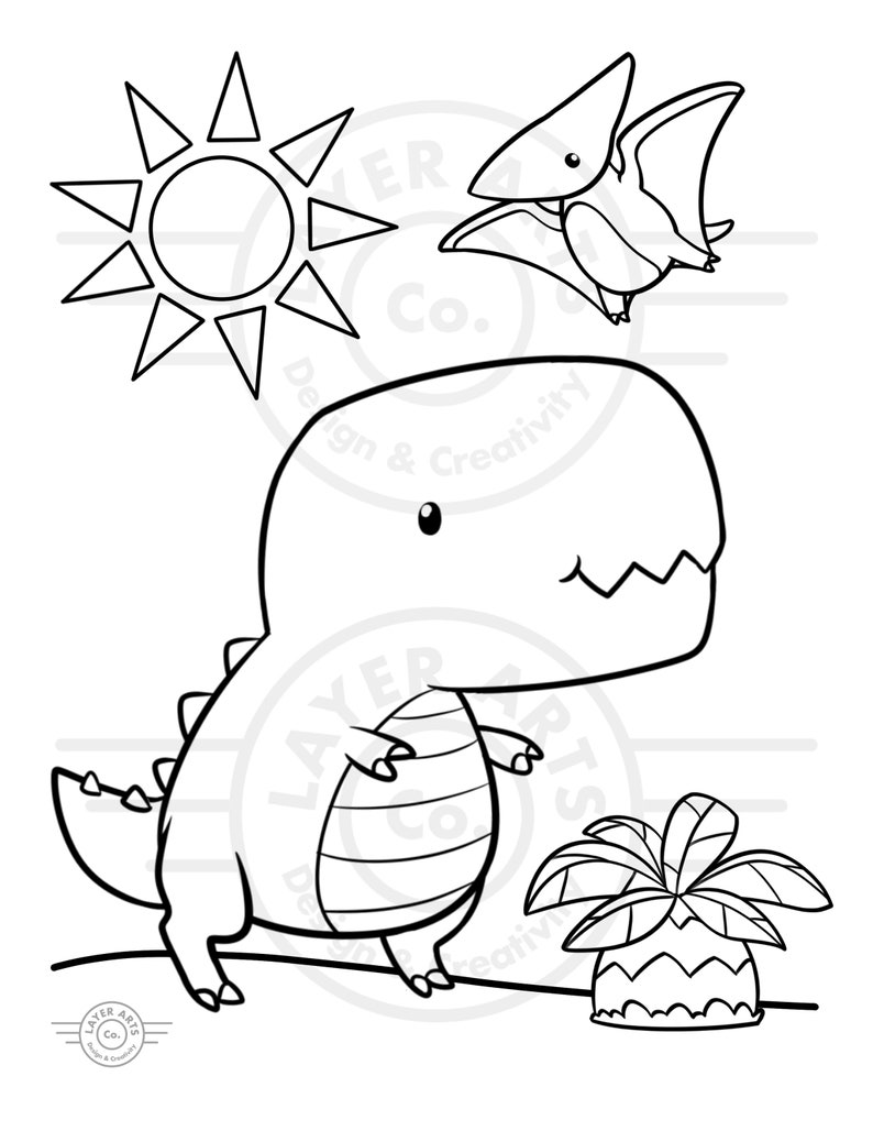 May include: A black and white coloring page featuring a cartoon dinosaur, a pterodactyl, a sun, and a palm tree. The dinosaur is standing on its hind legs with its mouth open and its tail curled behind it. The pterodactyl is flying in the air above the dinosaur. The sun is shining brightly in the sky. The palm tree is growing in the ground next to the dinosaur.