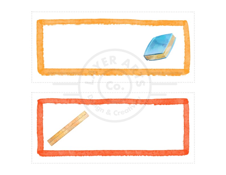 May include: Two orange and red watercolor frames with a blue book in the top frame and a wooden ruler in the bottom frame.