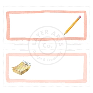 May include: Two blank pink watercolor frames with a dotted border. The top frame has a yellow pencil with a pink eraser. The bottom frame has a yellow notepad with a spiral binding.