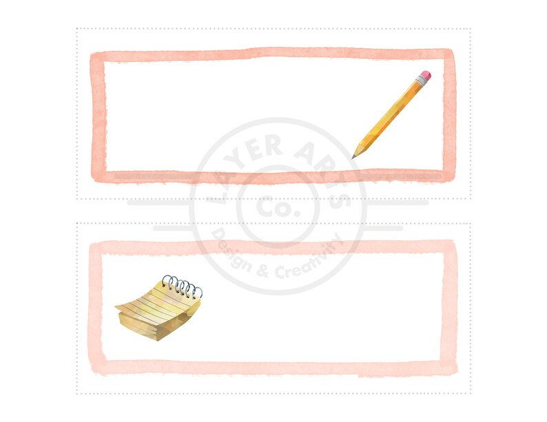 May include: Two blank pink watercolor frames with a dotted border. The top frame has a yellow pencil with a pink eraser. The bottom frame has a yellow notepad with a spiral binding.
