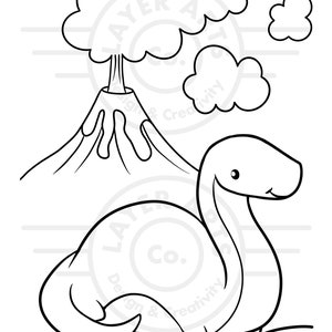 May include: A black and white line drawing of a cartoon dinosaur sitting next to a volcano with a tree growing out of the top. The dinosaur has a long neck and a small head with big eyes. The volcano has a small crater at the top and lava flowing down the sides.