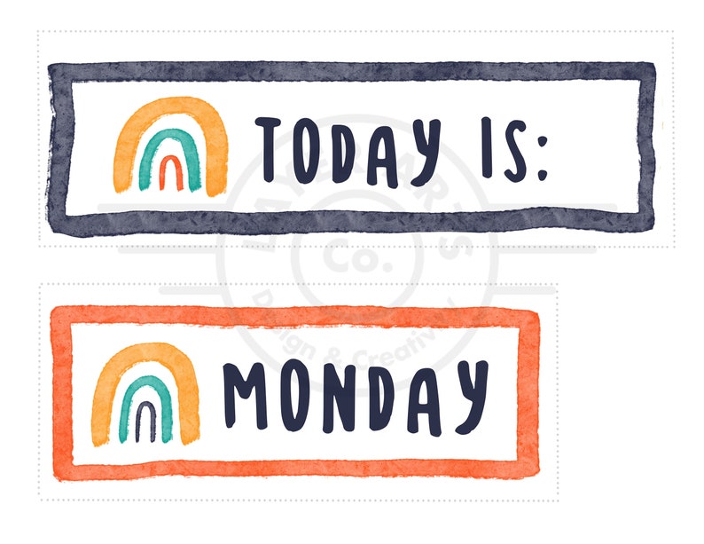 Puede incluir: Dos tarjetas imprimibles con un dise&ntilde;o de arco&iacute;ris. La tarjeta superior tiene un borde negro y dice "TODAY IS:". La tarjeta inferior tiene un borde naranja y dice "MONDAY".