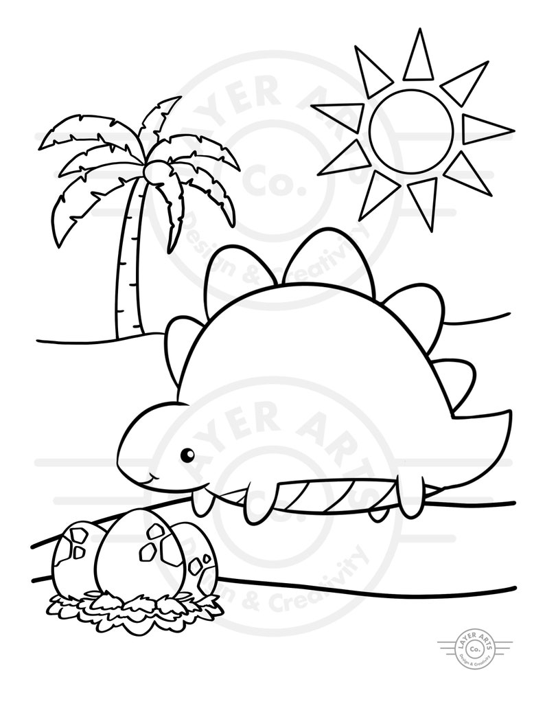 May include: A black and white line drawing of a cartoon dinosaur with a palm tree and sun in the background. The dinosaur is sitting on a nest of eggs.