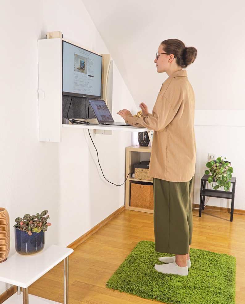 Wall Mounted Height Adjustable Folding Sit Stand Desk with Monitor Mount. image 9