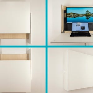May include: A white wall-mounted desk with a fold-down top. The desk has a built-in shelf and a monitor stand. The desk is closed in the first image and open in the second image, revealing a laptop and a monitor.