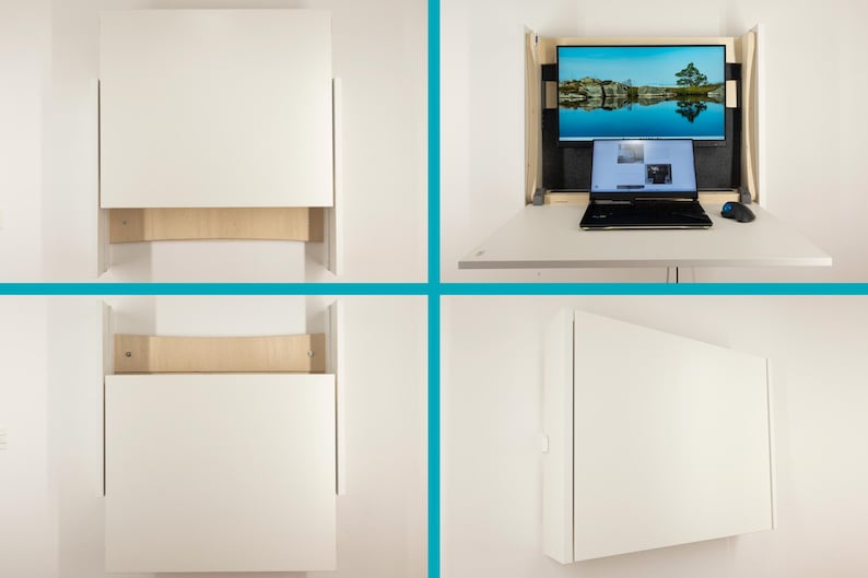 May include: A white wall-mounted desk with a fold-down top. The desk has a built-in shelf and a monitor stand. The desk is closed in the first image and open in the second image, revealing a laptop and a monitor.