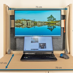 May include: A wooden desk with a laptop, a monitor, and a mouse. The desk is 79 cm wide and 57 cm deep. The monitor is 75 cm wide and can be adjusted up and down by 10 cm. The desk can be adjusted up and down by 48 cm. The desk is 73 cm from the wall.