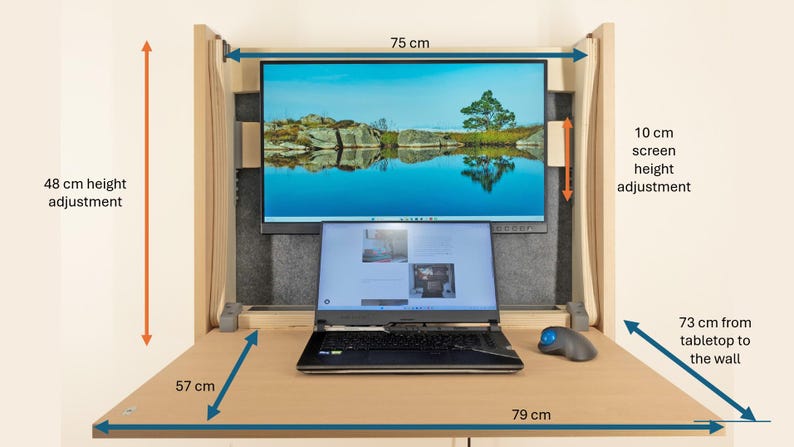 May include: A wooden desk with a laptop, a monitor, and a mouse. The desk is 79 cm wide and 57 cm deep. The monitor is 75 cm wide and can be adjusted up and down by 10 cm. The desk can be adjusted up and down by 48 cm. The desk is 73 cm from the wall.