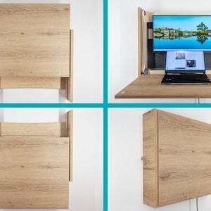 Wall Mounted Height Adjustable Folding Sit Stand Desk with Monitor Mount. Dark wood