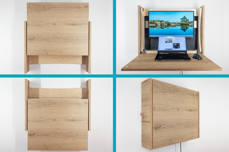 Wall Mounted Height Adjustable Folding Sit Stand Desk with Monitor Mount. Dark wood