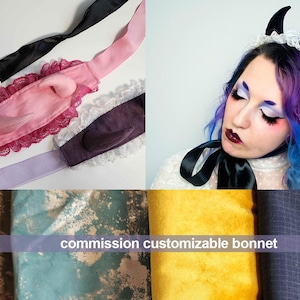 May include: A collection of customizable bonnets featuring fabric horns and lace trim in black, pink, and purple. One bonnet is worn with black horns and white lace. The text commission customizable bonnet is visible over fabric swatches.