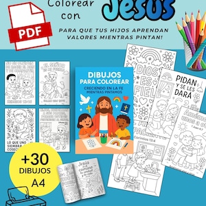 Może przedstawiać: Zestaw kolorowanek do druku o tematyce Jezusa i wartości chrześcijańskich. Obraz zawiera ikonę PDF, drukarkę i różne kolorowanki z wersetami biblijnymi i ilustracjami. Widoczny jest również pojemnik na ołówki z kredkami.