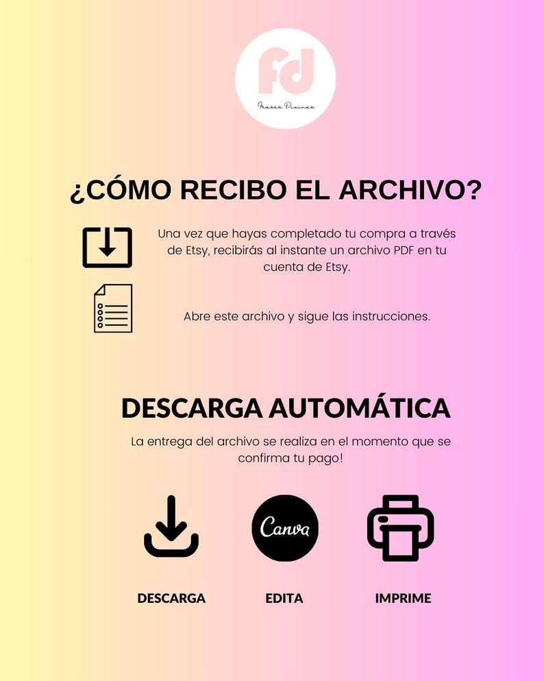 May include: A graphic with text in Spanish, including "&iquest;C&Oacute;MO RECIBO EL ARCHIVO?" and "DESCARGA AUTOM&Aacute;TICA." The image explains how to download a PDF file after purchase on Etsy. Icons for download, edit, and print are included.