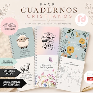 May include: A collection of six spiral-bound notebooks featuring various Christian-themed cover designs, including illustrations of a sheep, floral patterns, and a world map, with Spanish text such as "Hoy es un día perfecto para ser feliz."