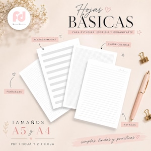 Puede incluir: Un conjunto de hojas de papel blancas con varios diseños, incluyendo puntos, pentagramas, cuadrículas y líneas. El texto dice HOJAS BASICAS, TAMAÑOS A5 y A4, PENTEGRAMADAS, CUADRICULADAS, PUNTEADAS y RAYADAS. Se incluyen un bolígrafo rosa claro y dos clips dorados.