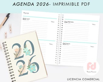 Pode incluir: Uma agenda com espiral com o texto "AGENDA 2026- IMPRIMIBLE PDF" no topo. A capa apresenta os números "2026" com detalhes florais. As páginas abertas mostram um layout semanal com seções pautadas para anotações. A agenda é creme.