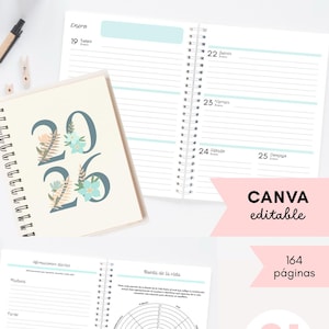 May include: A spiral-bound planner with the text "2026" and floral accents on the cover. The open pages display lined sections for daily entries and a wheel diagram. The text "CANVA editable" is also visible.