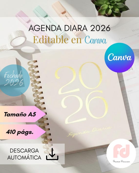 Agenda Diaria EDITABLE EN CANVA 2026- Archivo digital- Pdf agendas - encuadernación