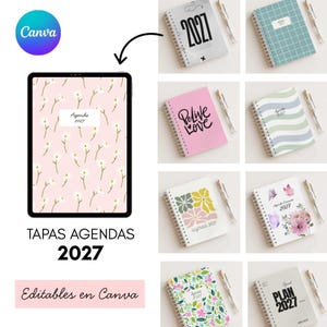 Pode incluir: Um tablet digital exibindo uma capa de agenda 2027 com estampa de margaridas rosas ao lado de oito agendas espirais com vários designs, incluindo grades, padrões florais, ondas abstratas e tipografia. O texto diz TAPAS AGENDAS 2027.