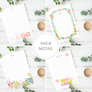 Puede incluir: Un conjunto de cuatro blocs de notas rayados con diseños florales y de texto. Un bloc de notas presenta la palabra "LOVE" en rosa y naranja. Otro tiene un borde floral. Los blocs de notas están sobre una superficie de madera blanca con tazas de café.