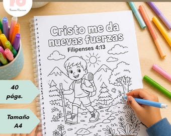 Pode incluir: Um livro de colorir com encadernação em espiral intitulado DIBUJOS BÍBLICOS PARA COLOREAR com o texto Cristo me da nuevas fuerzas Filipenses 4:13. A página mostra uma ilustração de linha de uma criança caminhando nas montanhas.