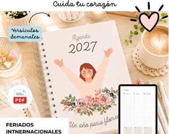 Könnte beinhalten: Ein christlicher Wochenplaner für 2027 mit Spiralbindung, der eine Person mit erhobenen Armen über einem Blumenarrangement zeigt. Der Einband trägt den Text Agenda 2027 und Un año para florecer. Enthält eine digitale PDF-Vorschau.