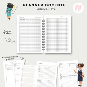 Può includere: Un'agenda minimalista per insegnanti con rilegatura a spirale, con pagine a griglia per presenze e note. Pagine aggiuntive includono sezioni per la pianificazione giornaliera e settimanale. Il testo "PLANNER DOCENTE MINIMALISTA" è visibile.