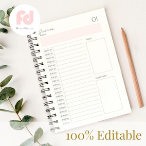 May include: A spiral-bound planner with a white cover and a pink header. The planner is open to a page with a daily schedule, with time slots from 8:00 am to 5:30 pm. A wooden pencil rests on the right side. The text "100% Editable" is at the bottom.