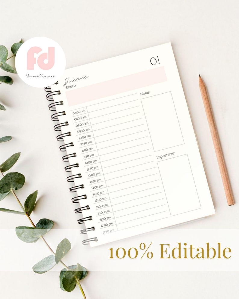May include: A spiral-bound planner with a white cover and a pink header. The planner is open to a page with a daily schedule, with time slots from 8:00 am to 5:30 pm. A wooden pencil rests on the right side. The text "100% Editable" is at the bottom.