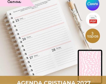 May include: A spiral-bound planner with white pages featuring horizontal lines, dates from November 25 to 28, and Spanish text. A clear pen with a metallic grip rests beside it. A digital tablet displays a pink and white wavy pattern with the word BLESSED.