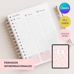 Puede incluir: Una agenda de espiral con páginas blancas que muestran franjas horarias de 08 a 20 para los días 18, 19 y 20 de octubre. La agenda incluye secciones de notas rosas en la parte inferior. Un bolígrafo transparente y una tableta con funda floral son visibles.