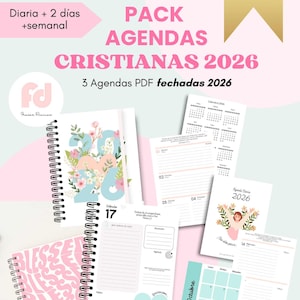 Może przedstawiać: Kolekcja chrześcijańskich planerów na rok 2026. Obraz przedstawia kilka otwartych planerów z kwiatowymi i abstrakcyjnymi wzorami, a także strony kalendarza. Tekst zawiera "Pack Agendas Cristianas 2026" i "3 Agendas PDF fechadas 2026".
