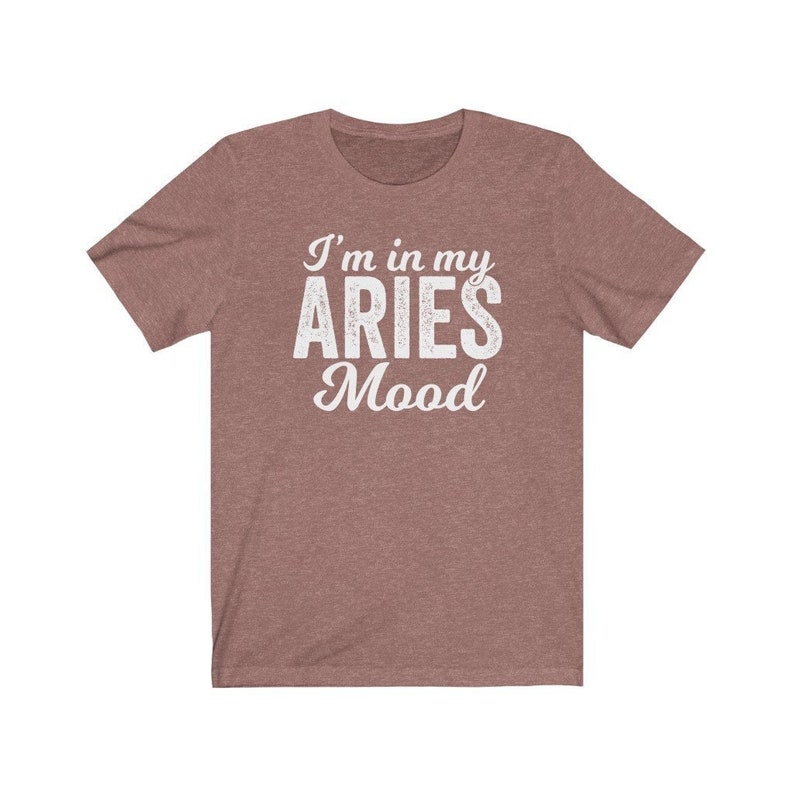 以下が含まれることがあります： ヘザーブラウンのTシャツに「I'm in my ARIES Mood」という白い文字が書かれています。