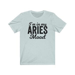 以下が含まれることがあります： 「I'm in my ARIES Mood」という黒い文字が書かれた薄い青色のTシャツです。