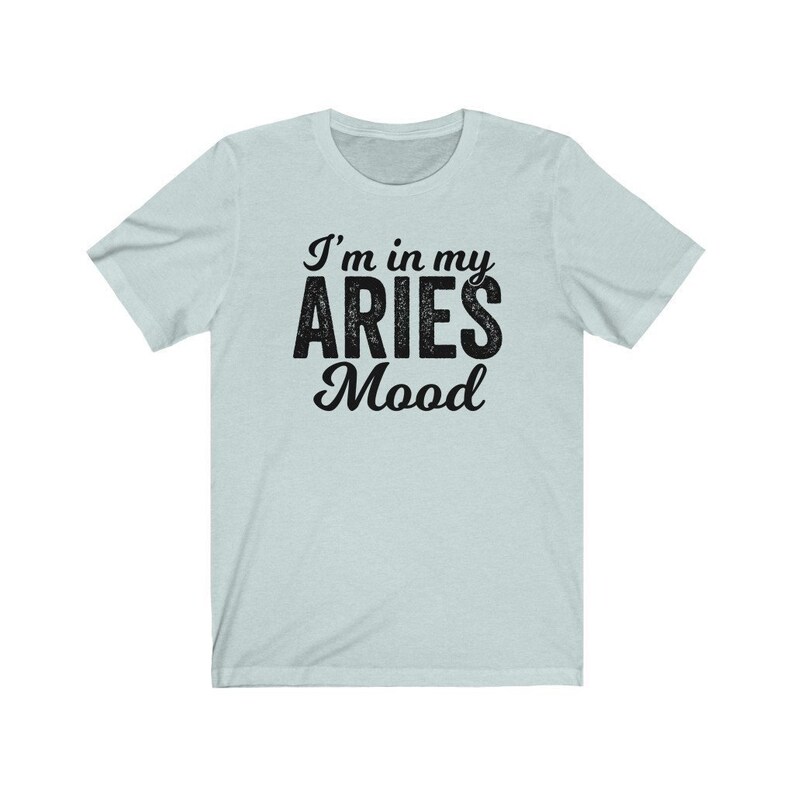 以下が含まれることがあります： 「I'm in my ARIES Mood」という黒い文字が書かれた薄い青色のTシャツです。