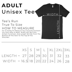 Peut inclure: Tableau des tailles pour un t-shirt unisexe indiquant les mesures en pouces pour la longueur et la largeur. Le tableau comprend les tailles XS, S, M, L, XL, 2XL et 3XL.