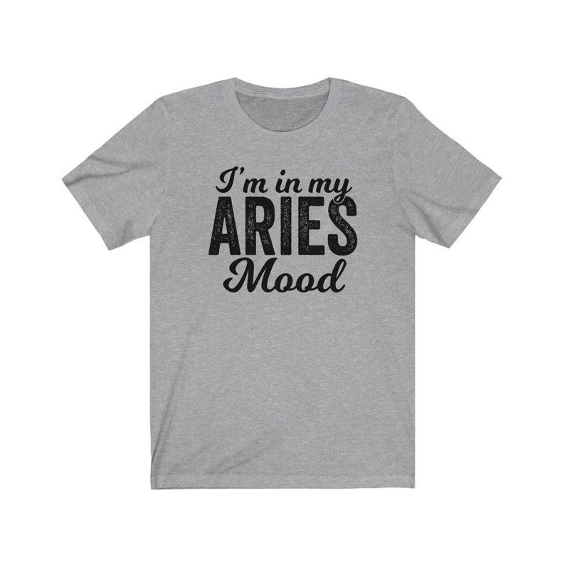 以下が含まれることがあります： グレーのTシャツに黒い文字で「I'm in my Aries Mood」と書かれています。