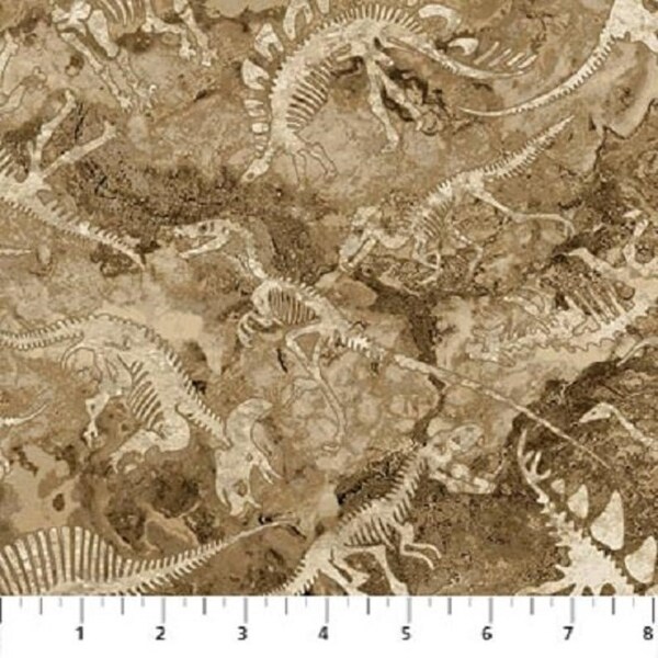 Prehistoric Dinosaur Bones, Fossils, Tyrannosaurus rex, T Rex, Velociraptor, Brachiosaurus, Cotton Fabric.