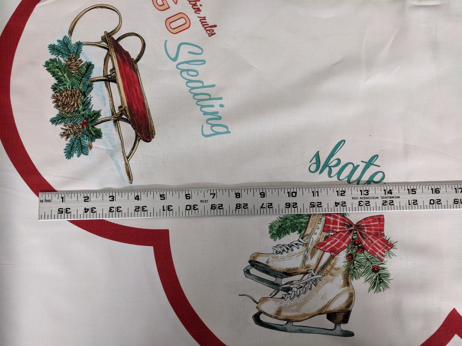 Christmas tree skirt fabric panel with skates sled sleigh Etsy