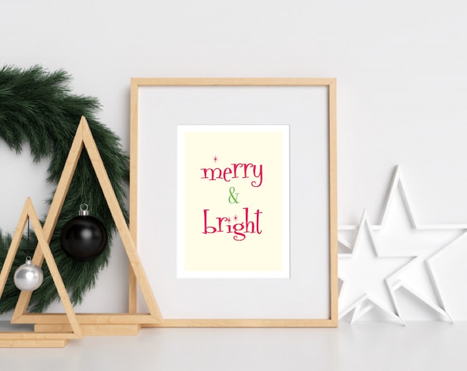 Christmas Decor - Merry and Bright red and green downloadable print for dining room, entryway or living room decor- simple art