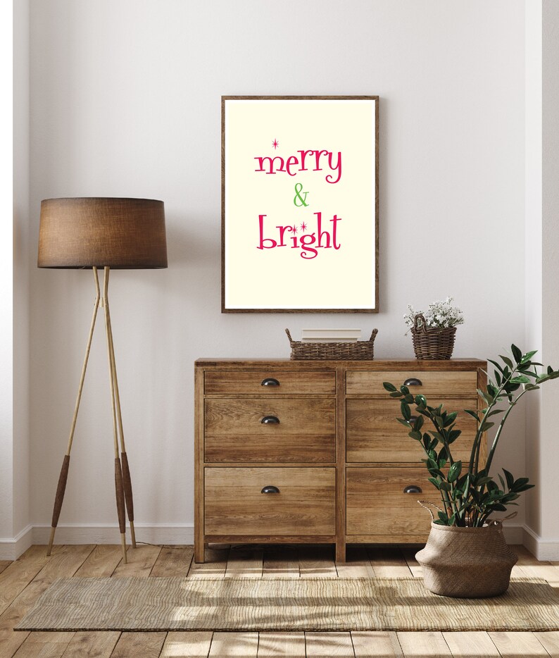 entryway or living room decor Christmas Decor Merry and Bright red and green downloadable print for dining room simple art