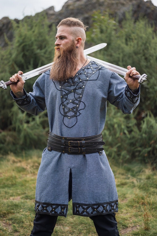 Viking Tunic With Genuine Leather Applications Blue -  UK