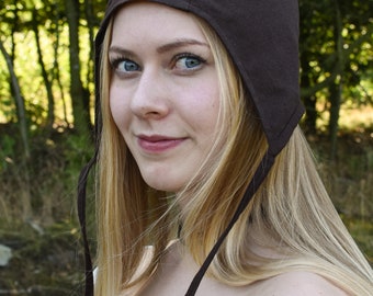 Medieval hood with ribbons natural, brown, red or black