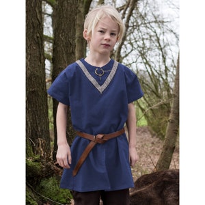 Children's medieval tunic Ailrik with border, short-sleeved, blue