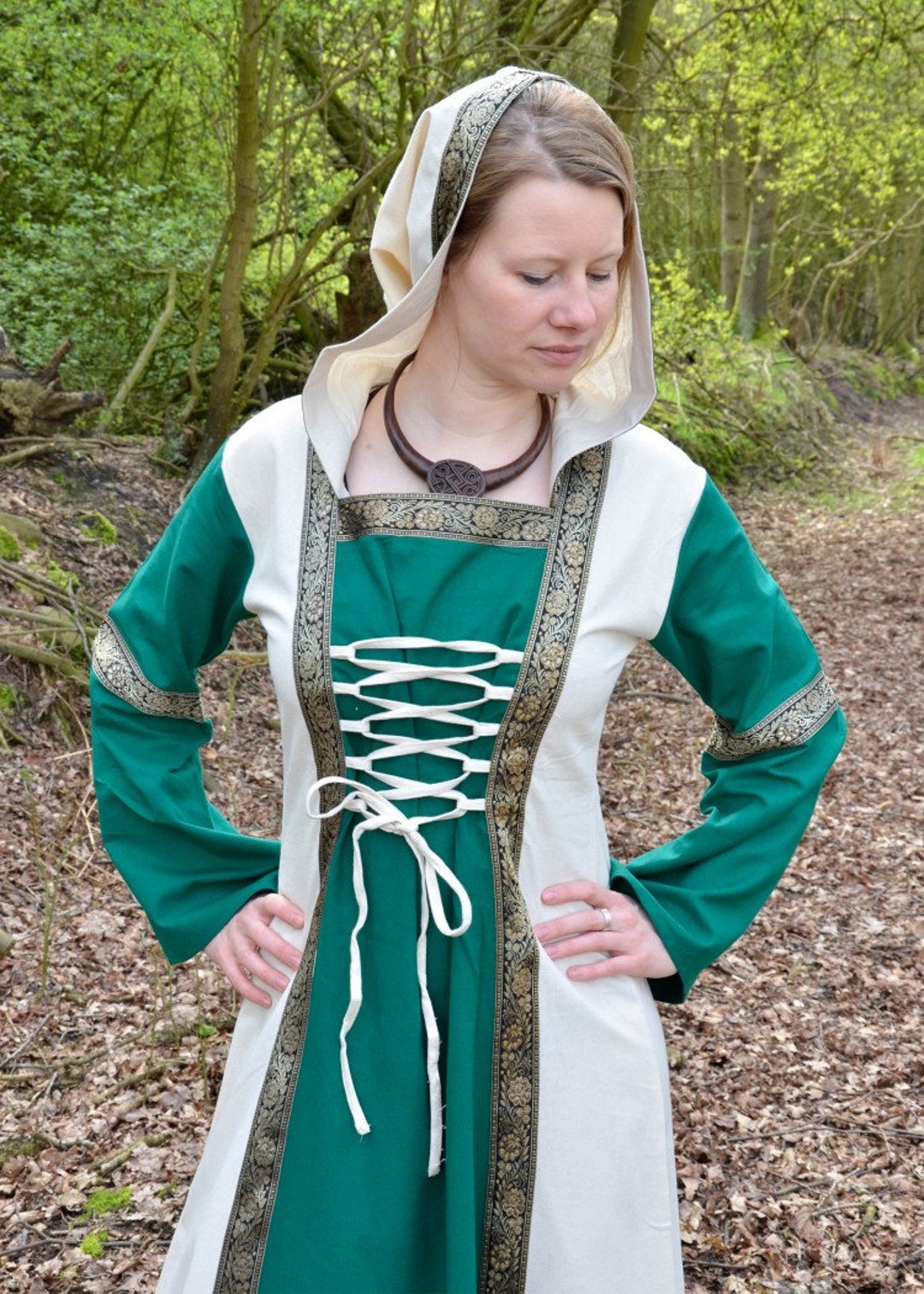 Fantasy Medieval Dress Eleanor With Hood Green / Natural White - Etsy