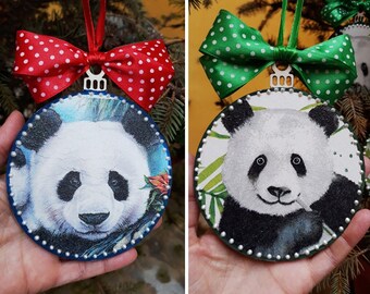 Panda ornament, Christmas wooden ornament, custom ornament, panda bauble, panda gift, personalized panda ornament, decoupage panda ornament